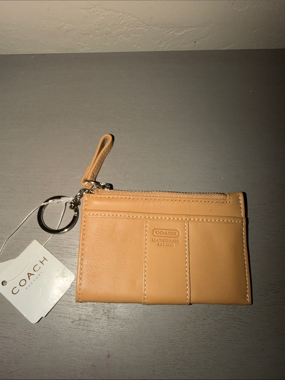 Coach Tan Leather Zip Card Case with Key Ring and Wrist Strap